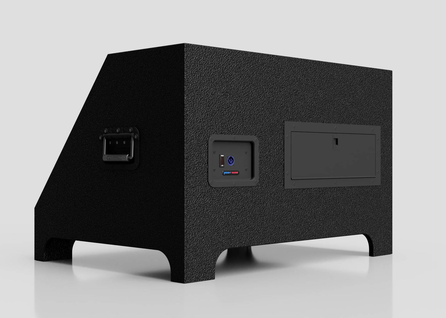 The 55" Screen Stage Confidence Monitor Wedge is a black, textured rectangular equipment case with a handle, power switch, and access panel shown against a plain white background; monitor not included.