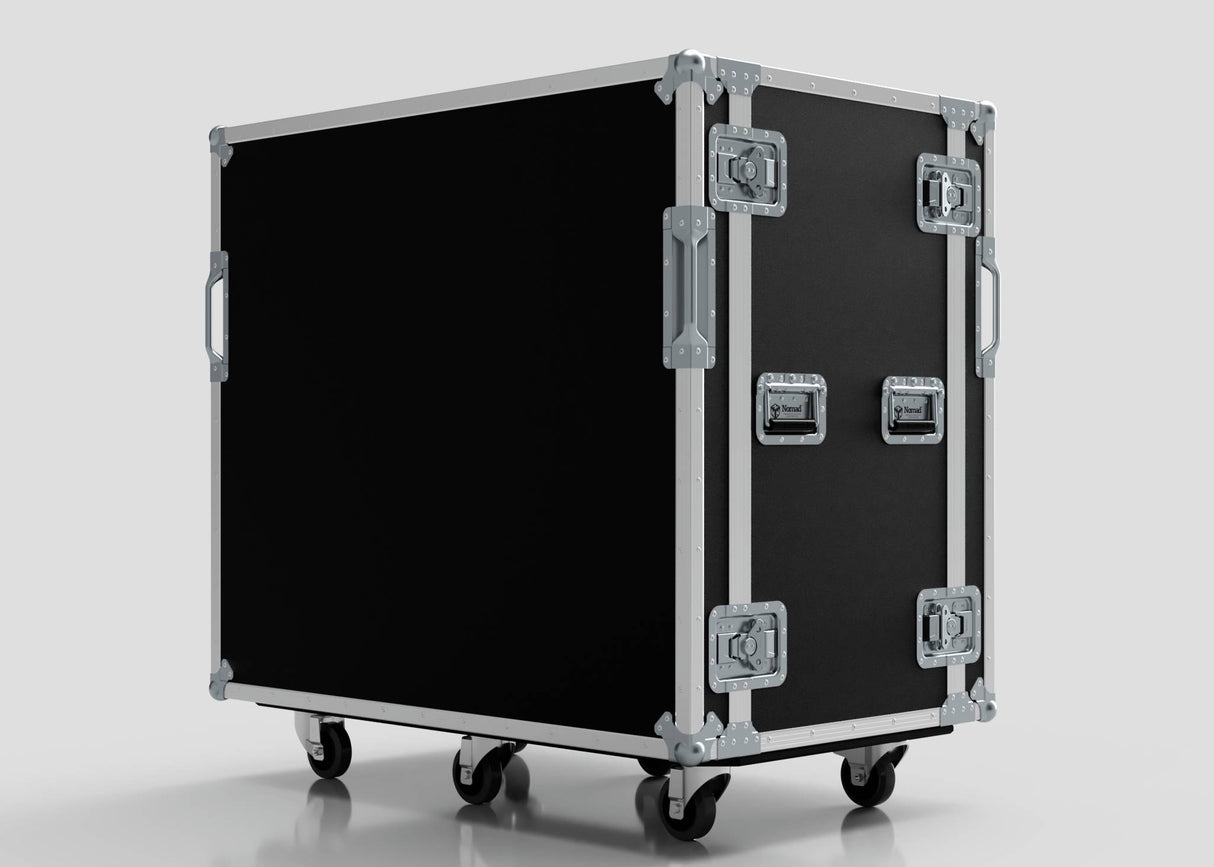 The 24U Double Bay Rack Case is a large black and silver flight case featuring metal reinforcements, handles, secure latches, and four caster wheels on the bottom.