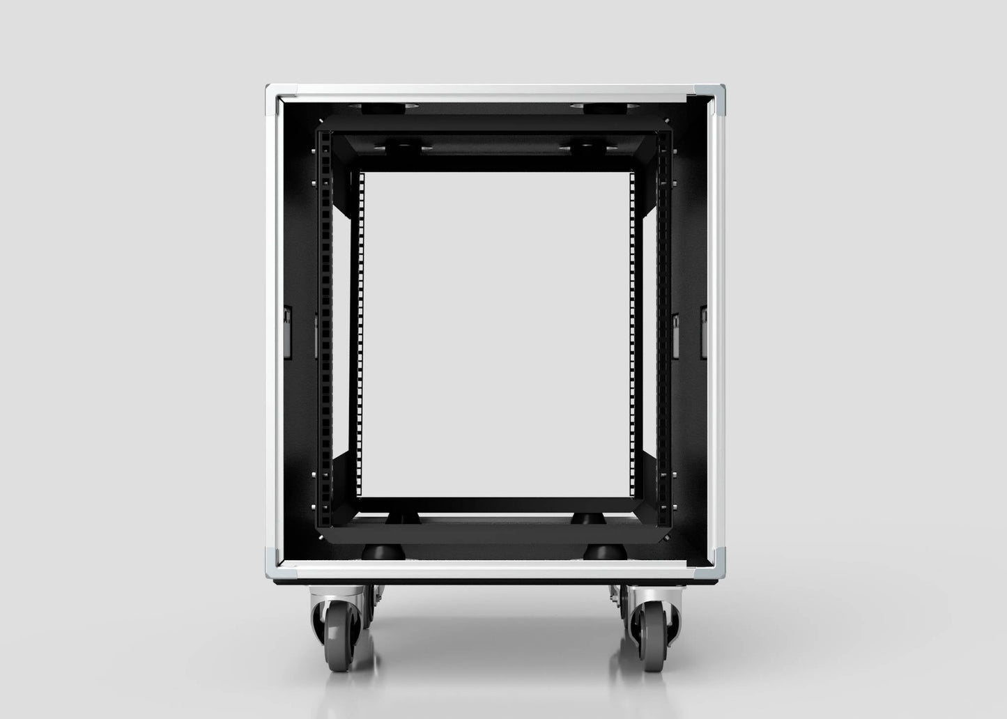 Front view of an empty 24U Shock Mount Slam Rack Case in black, featuring four caster wheels, set against a plain gray background.