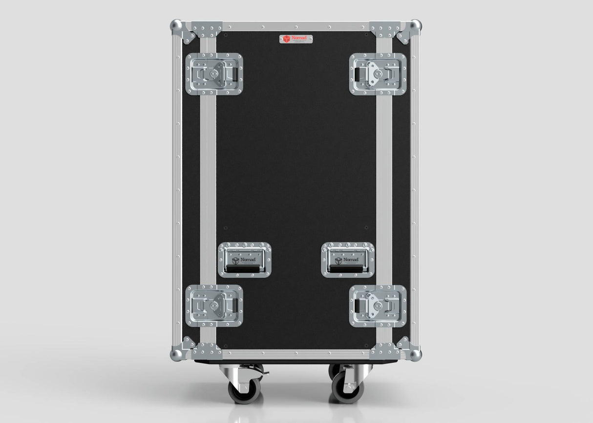 The 24U Standard Rack Case, featuring black and silver birch plywood, metal-reinforced corners, four latches, two wheels, and a handle, stands upright on a plain background—perfect for secure equipment storage.