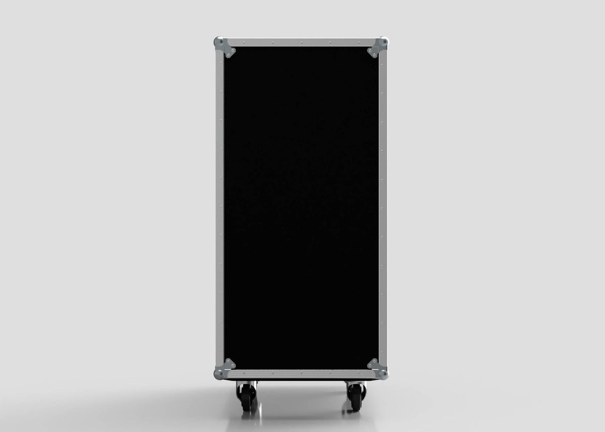 A 24U Suspended Shock Mounted Rack Case in black, with metal edges and four caster wheels, stands upright against a plain light gray background, featuring anti-vibration mounts for extra protection.