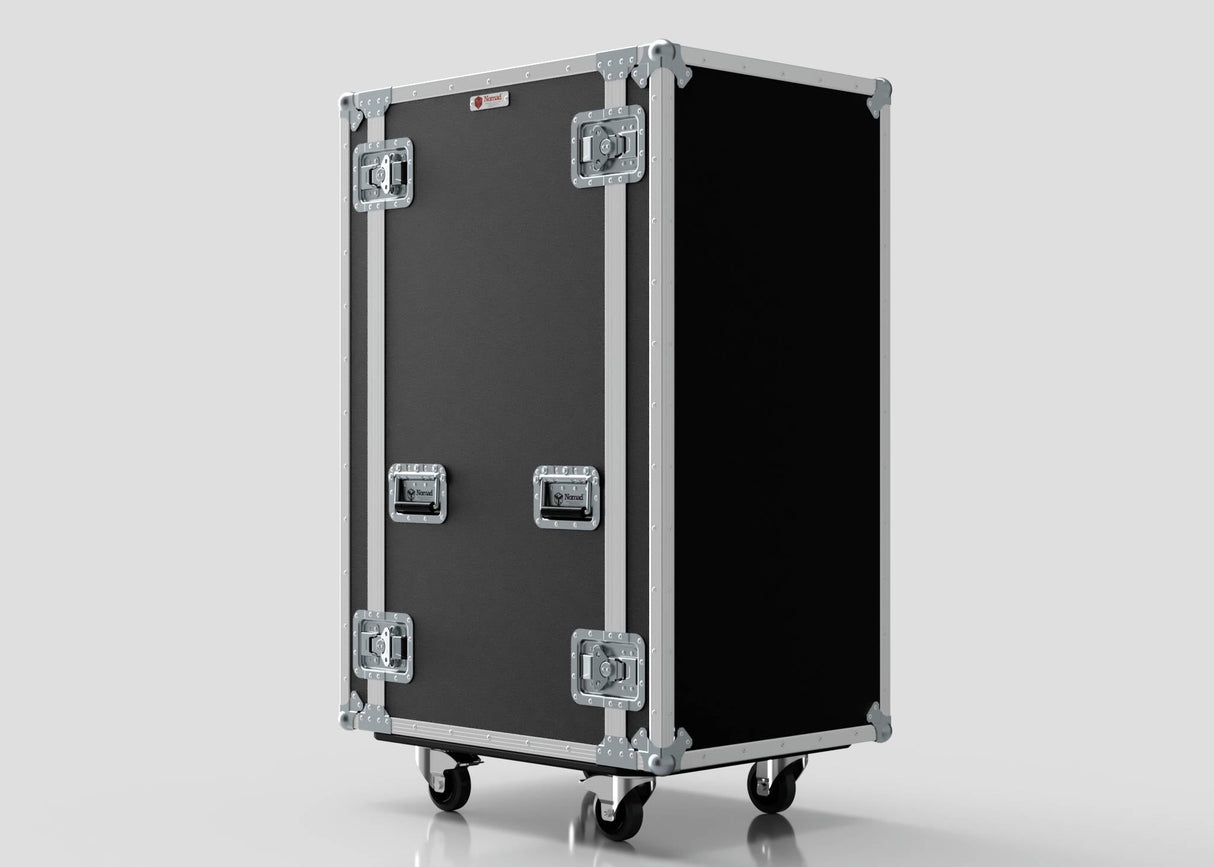 A 24U Suspended Shock Mounted Rack Case, large and black with metal reinforcements, four latches, two handles, caster wheels, and a built-in shock-mounted rack, shown against a plain light background.