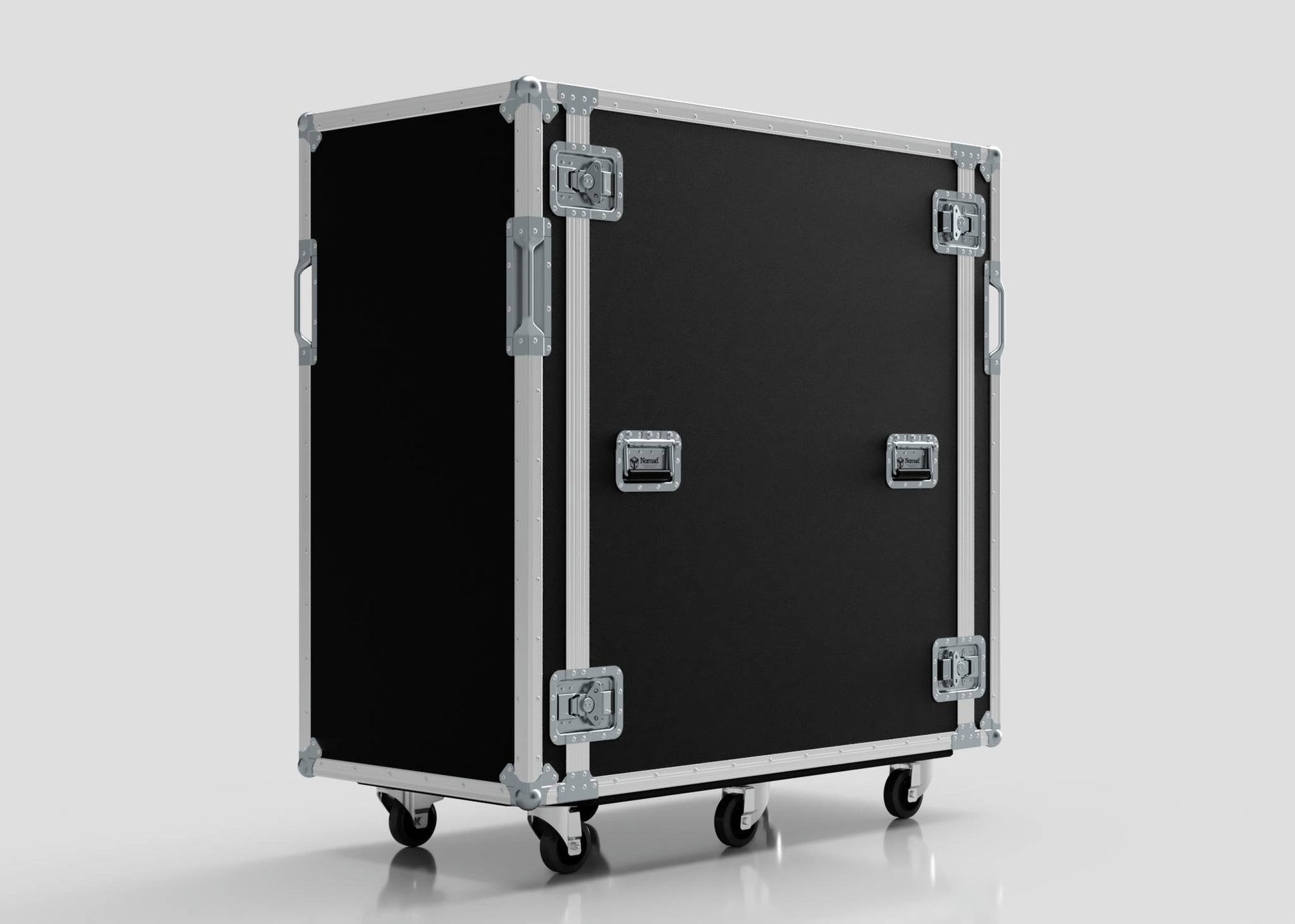 A 24U x 1032mm suspended shock mounted data server rack with metal edges, handles, and latches stands on four caster wheels against a plain background.