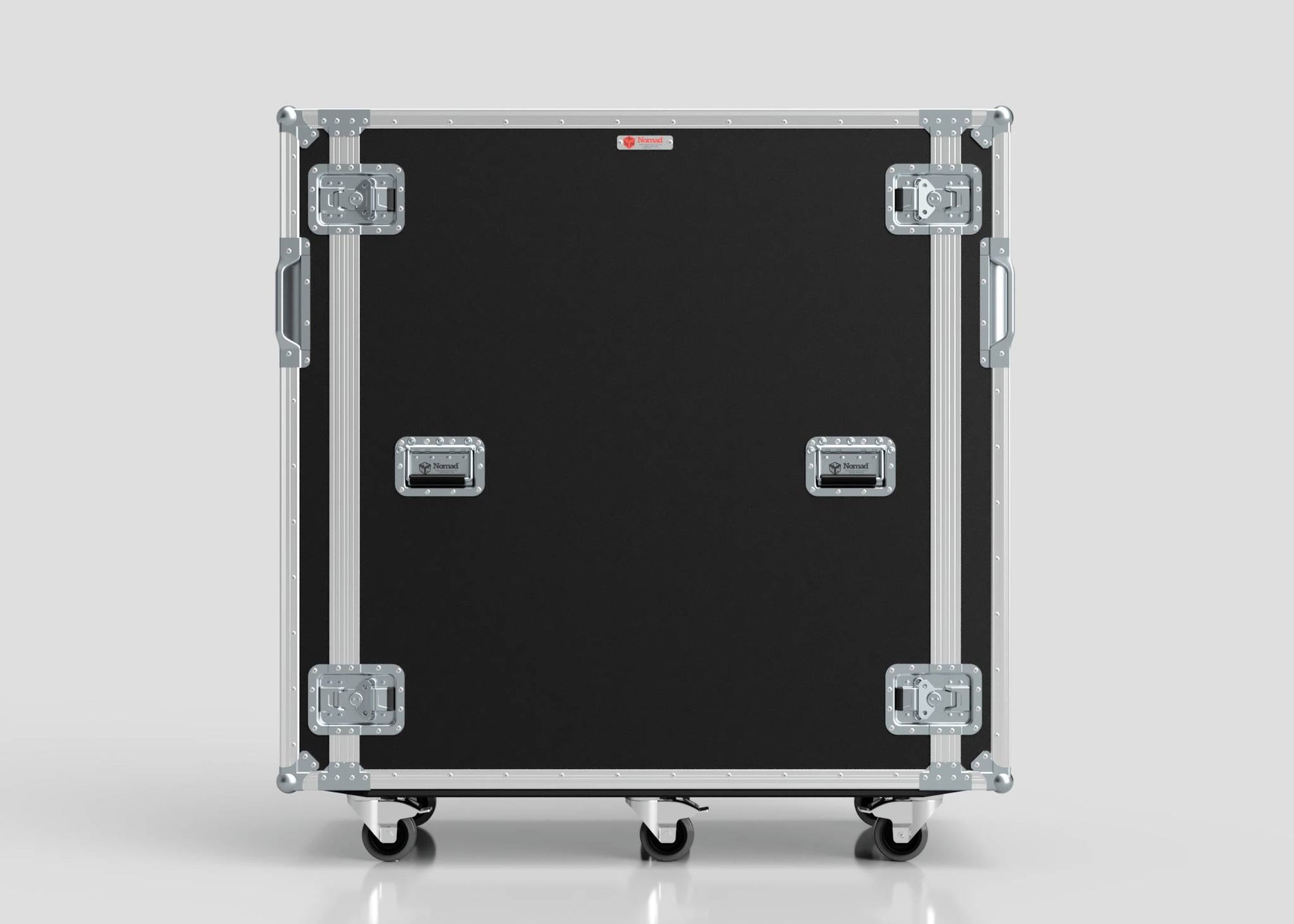 A 24U x 1032mm Suspended Shock Mounted Data Server Rack with metal reinforcements, four latches, two handles, and four caster wheels stands upright on a plain light gray background.