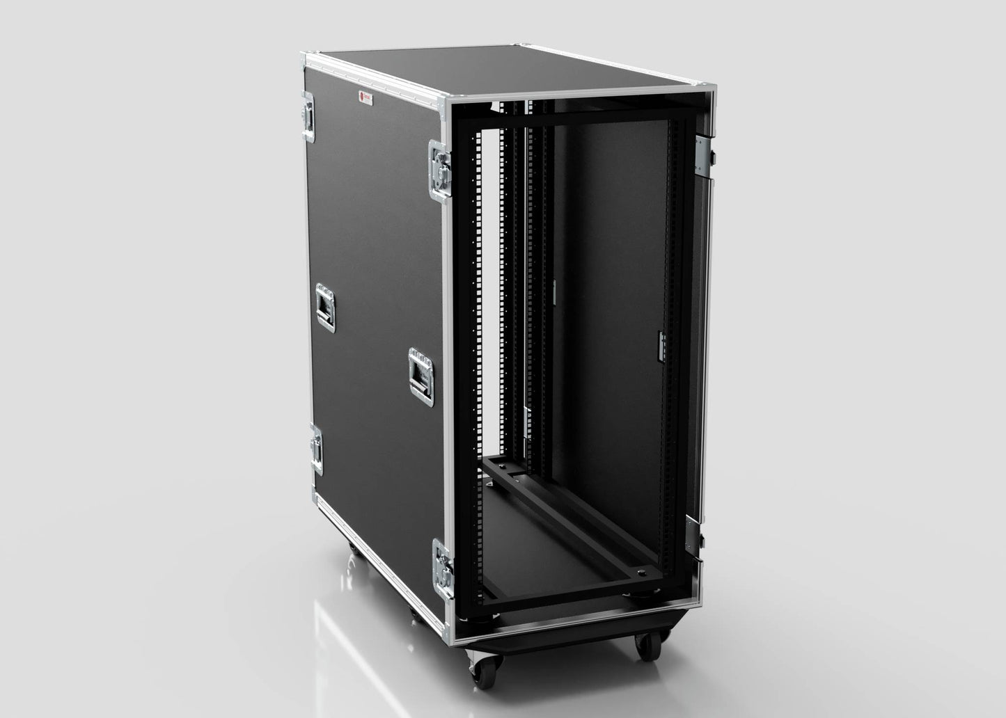 A 24U x 1032mm Suspended Shock Mounted Data Server Rack with metal edges, handles, and latches is shown open and empty on a white background, showcasing its spacious interior for versatile storage.