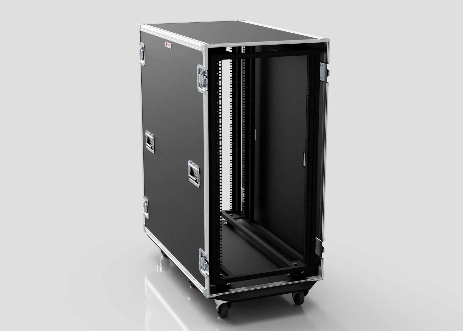 A 24U x 1032mm Suspended Shock Mounted Data Server Rack with metal edges, handles, and latches is shown open and empty on a white background, showcasing its spacious interior for versatile storage.