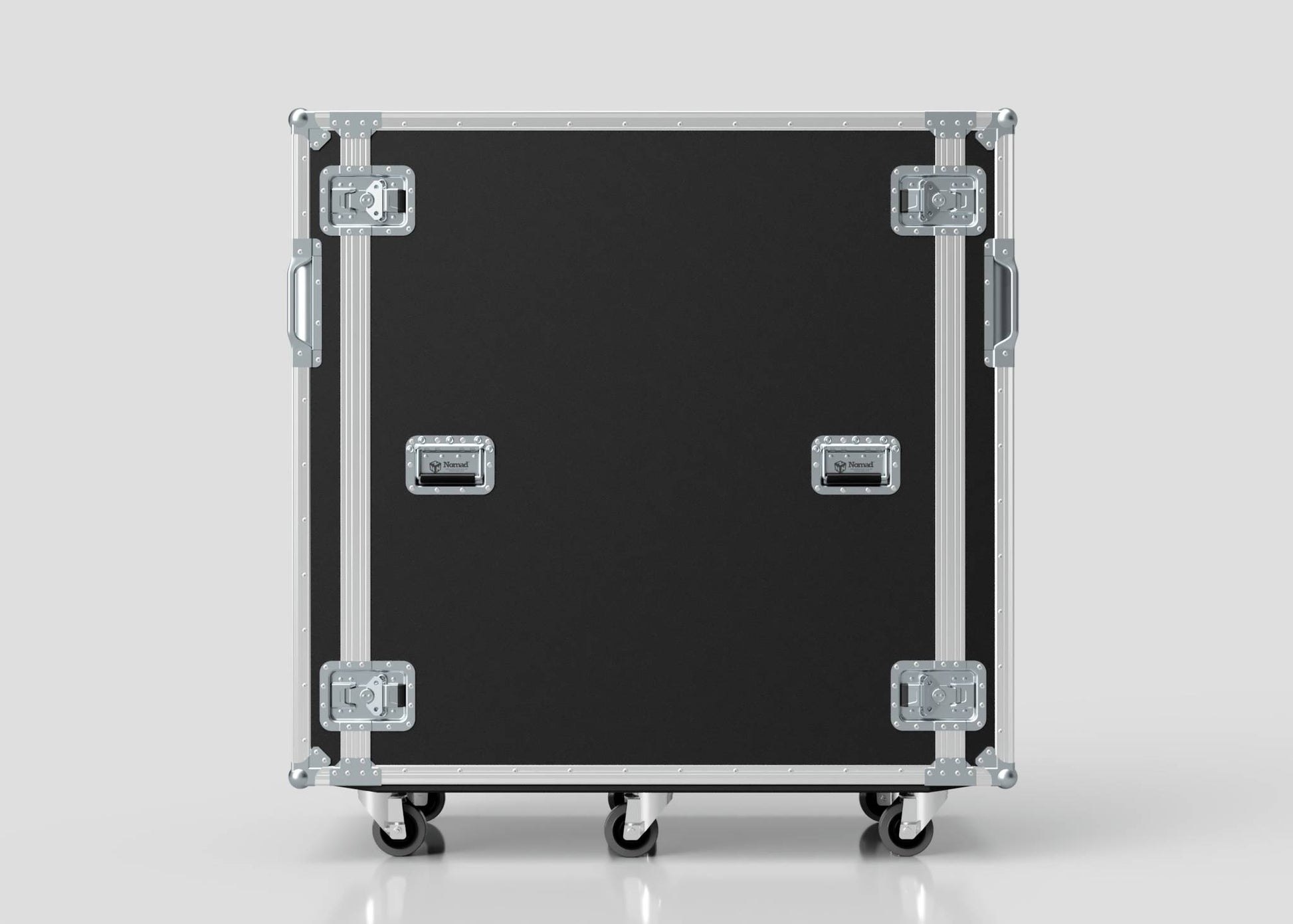 The 24U x 1032mm Suspended Shock Mounted Data Server Rack is a robust, black road case with metal reinforcements, side handles, and four caster wheels, standing upright against a plain background.