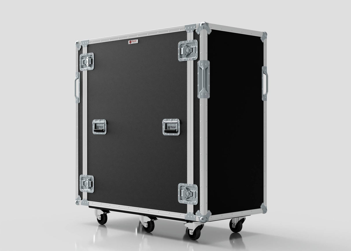 A 24U x 1032mm Suspended Shock Mounted Data Server Rack with metal edges, latches, handles, and four caster wheels is set against a plain light background.