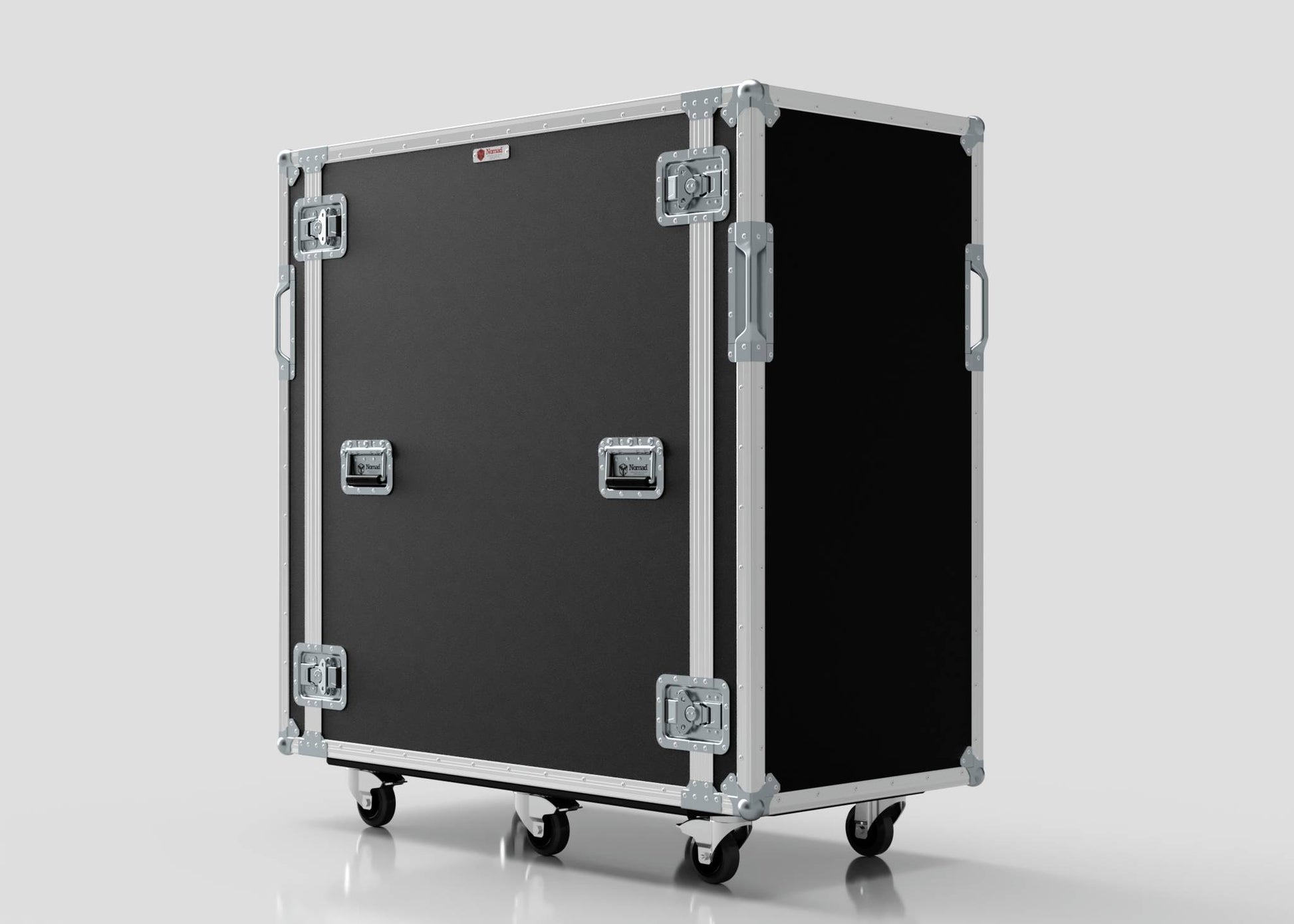 A 24U x 1032mm Suspended Shock Mounted Data Server Rack with metal edges, latches, handles, and four caster wheels is set against a plain light background.