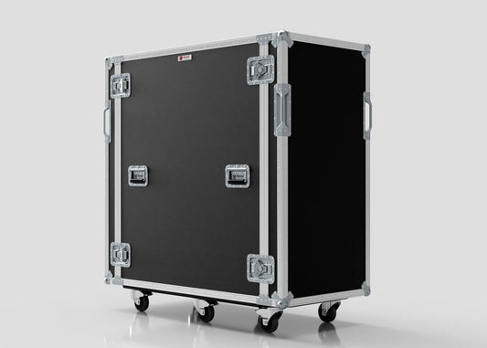 A 24U x 1032mm Suspended Shock Mounted Data Server Rack with metal edges, latches, handles, and four caster wheels is set against a plain light background.