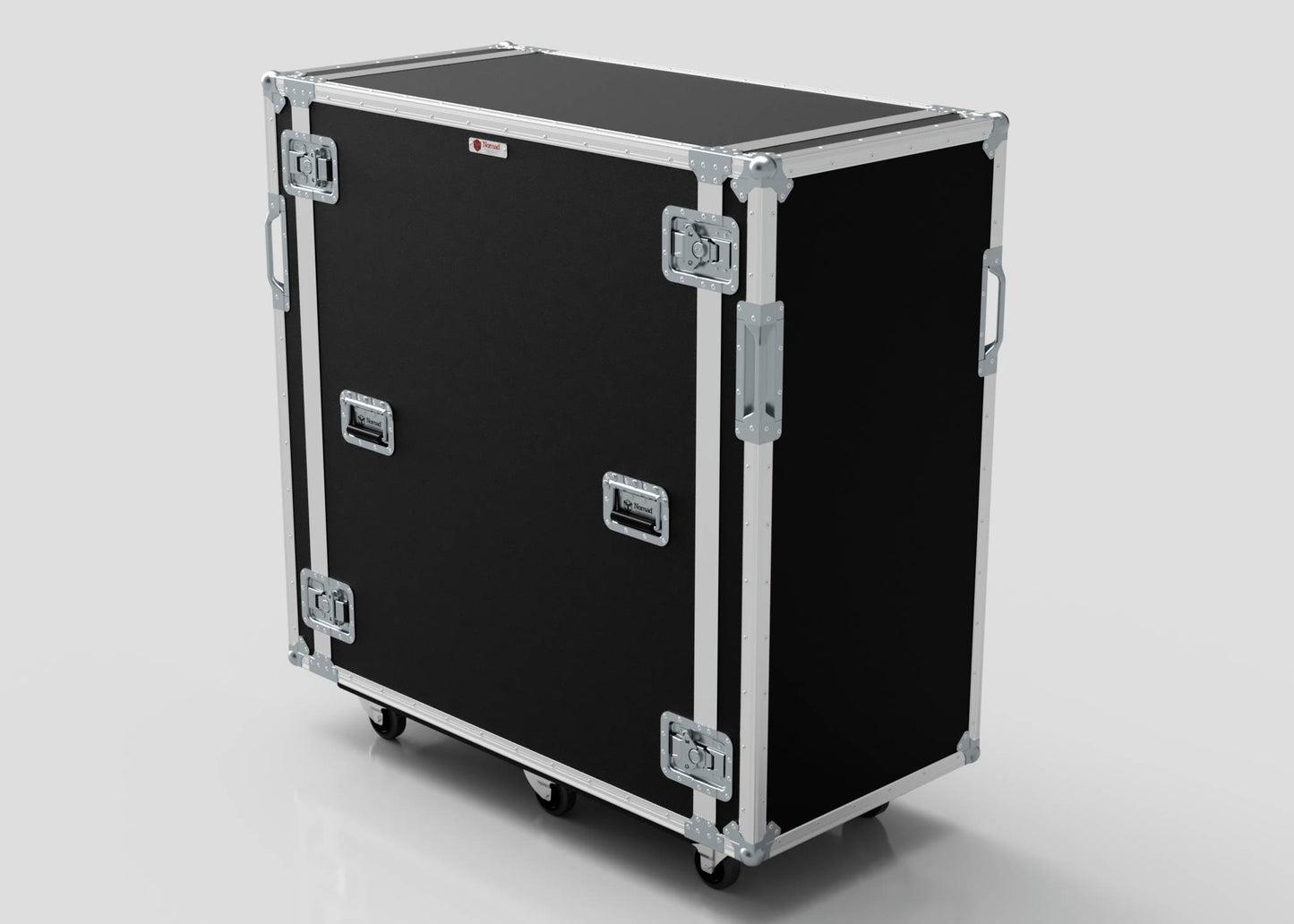 The 24U x 1032mm Suspended Shock Mounted Data Server Rack is a large black road case with metal edges, protective corners, handles, latches, and wheels, designed for secure transport of equipment.