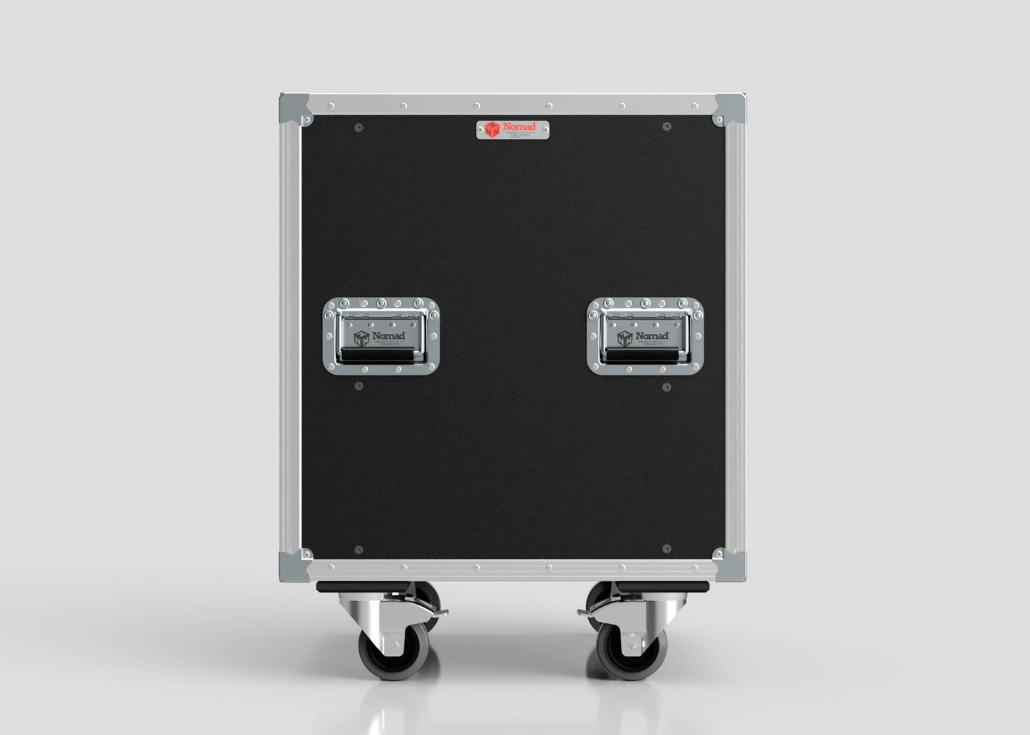 25U Slam Rack Case in black and silver with two metal handles and four caster wheels, shown against a plain light gray background.