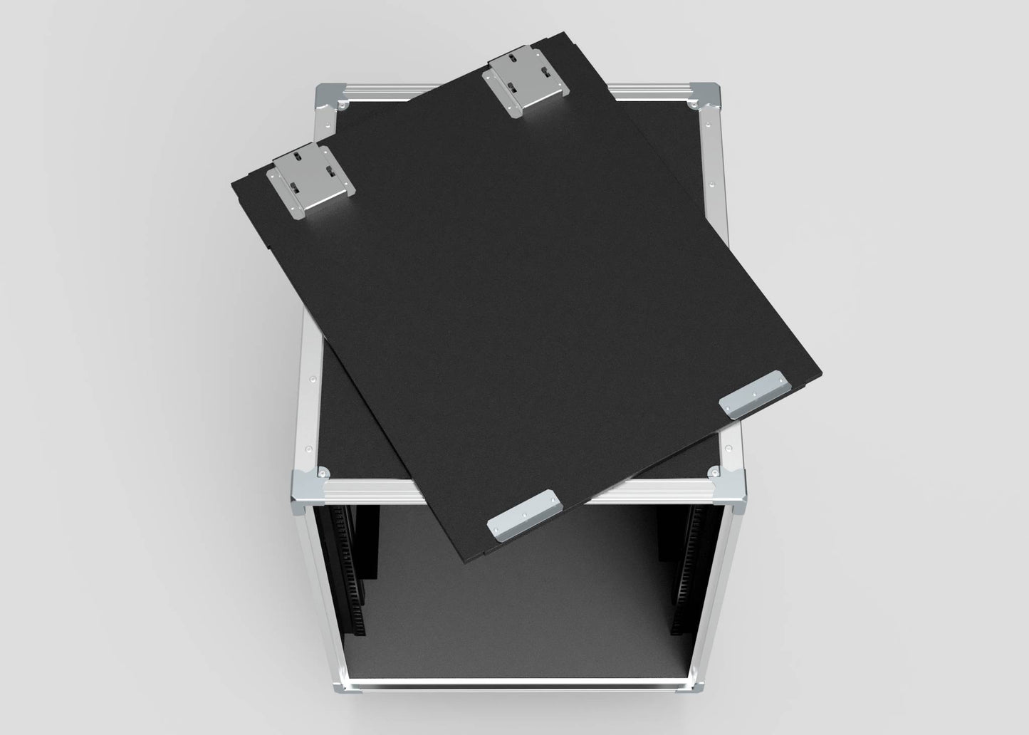 A black 25U Slam Rack Case metal panel with silver mounting brackets rests partially atop an open, empty metal frame case.