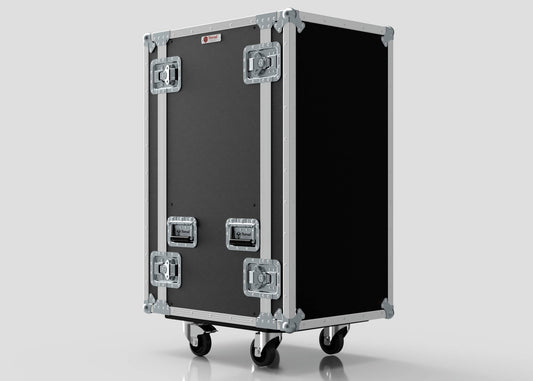 The 25U Standard Rack Case is black and rectangular with metal edges and corners, four metal latches, and four caster wheels, shown against a plain light background.