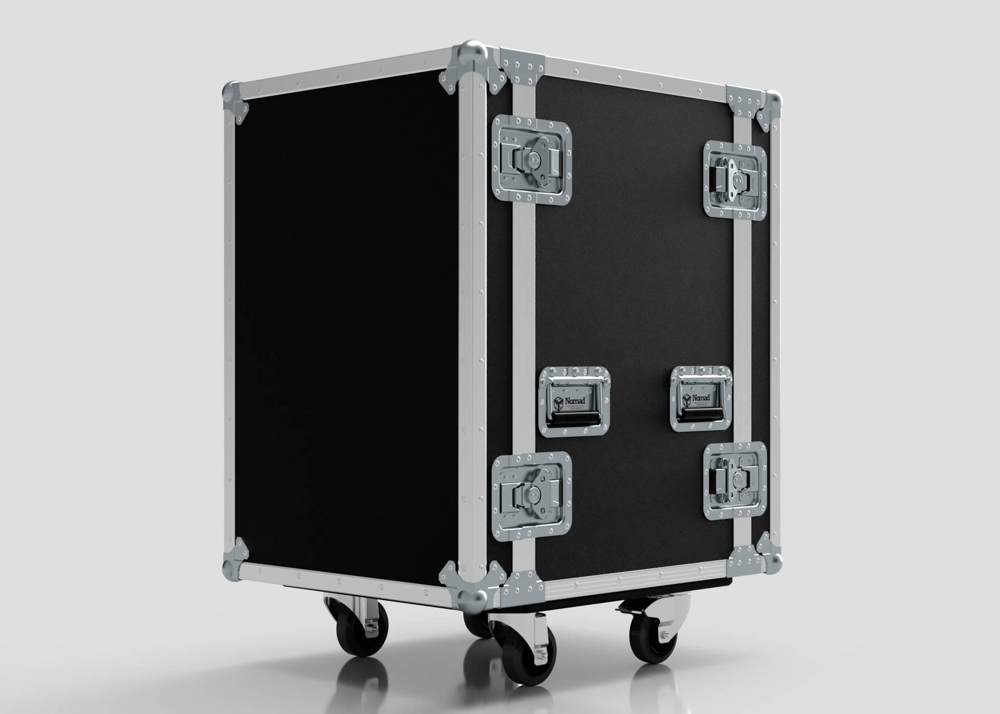 The 26U Foam Shock Mounted 19" Rack Case is a black metal equipment case with reinforced corners, metal edges, four handles, latch locks, and four caster wheels, designed for equipment security, shown on a light gray background.