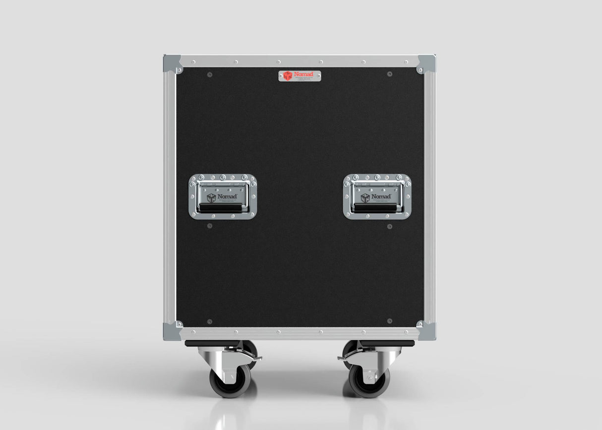The 26U Slam Rack Case is a black, rectangular equipment case with metal edges, two latches, and four caster wheels, shown on a plain light background.