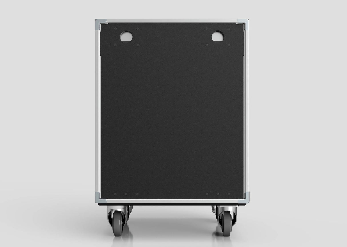 A 26U Slam Rack Case in black with a rectangular shape and four caster wheels is shown from the back against a plain gray background.