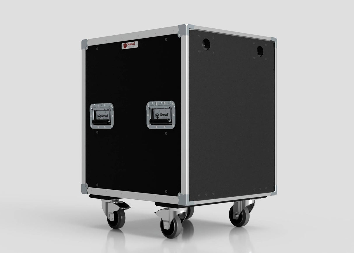 A 26U Slam Rack Case, black and rectangular with metal edges, two recessed handles, and four caster wheels, photographed against a plain white background.