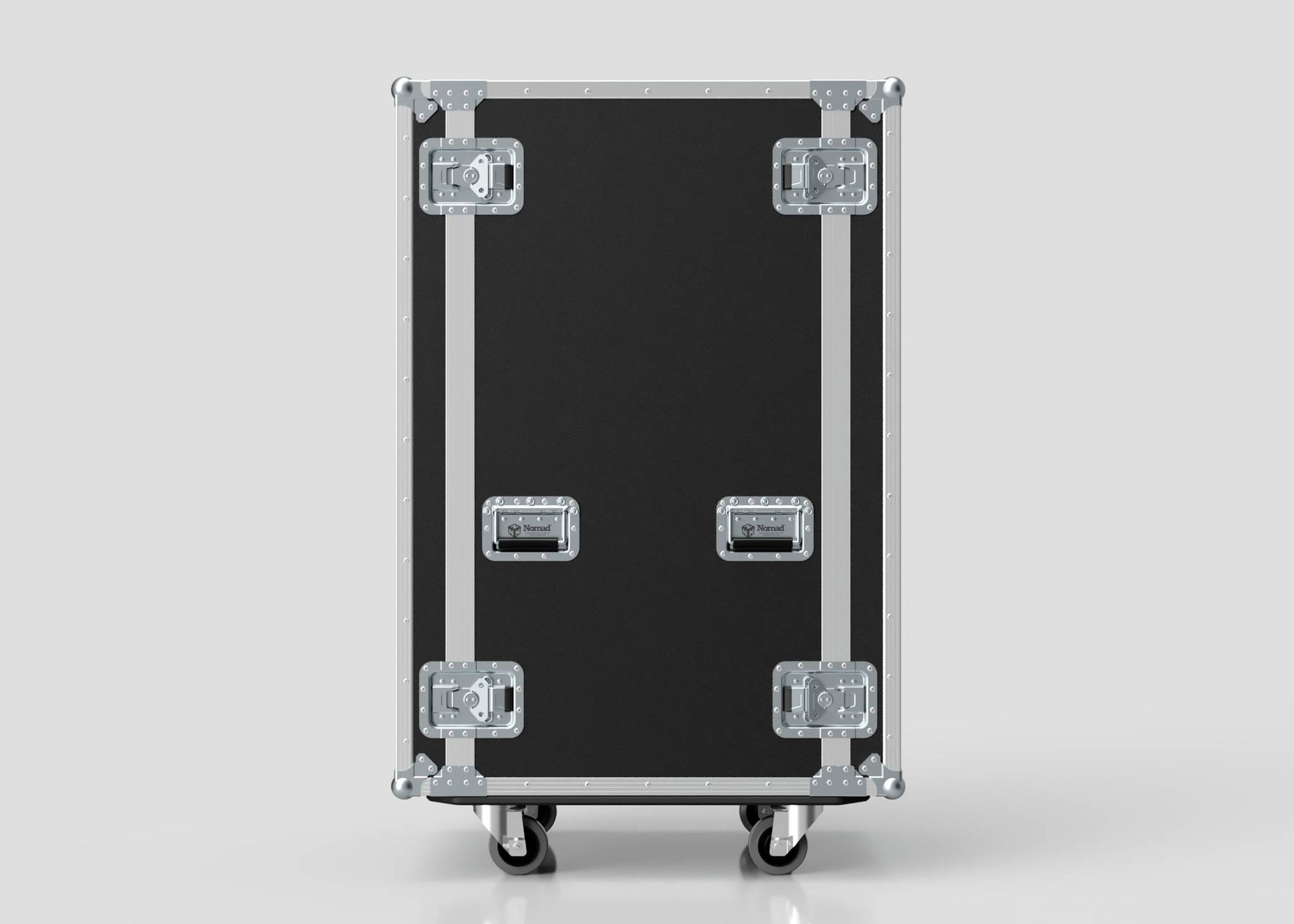 The 26U Suspended Shock Mounted Rack Case, a large black UK-made plywood rack with metal edges, handles, latches, and four caster wheels, stands upright against a plain light background.