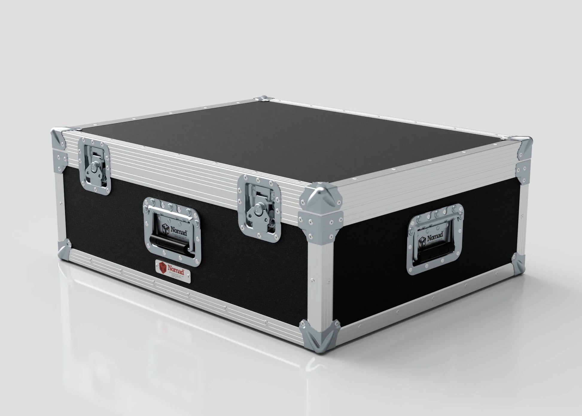 A black 27" iMac Case with metal edges, reinforced corners, and multiple latches sits on a white surface; its external dimensions are 745 x 600 x 273 mm.