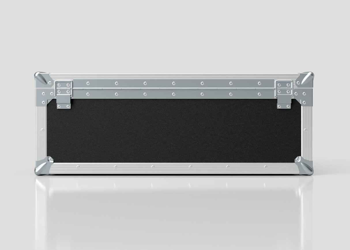 The 27" iMac Case is a rectangular black and silver hard case with metal edges, reinforced corners, and latch closures, measuring 745 x 600 x 273 mm, displayed on a reflective white surface.