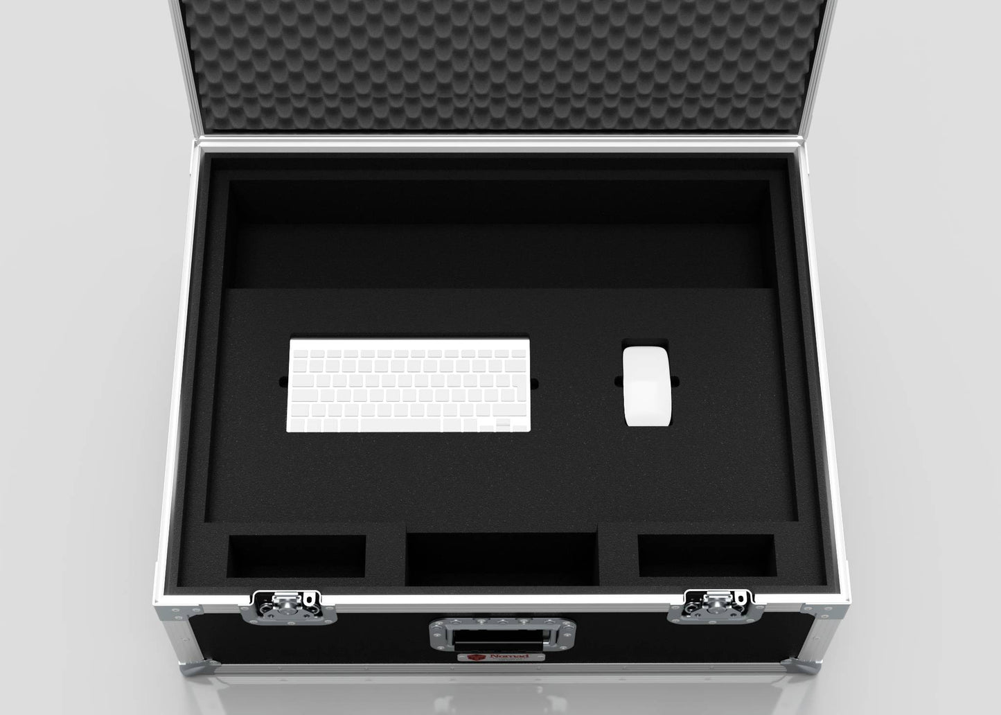 The 27" iMac Case is an open black protective case with foam inserts that holds a white computer keyboard and mouse, plus extra empty compartments. Its external dimensions are 745 x 600 x 273 mm.