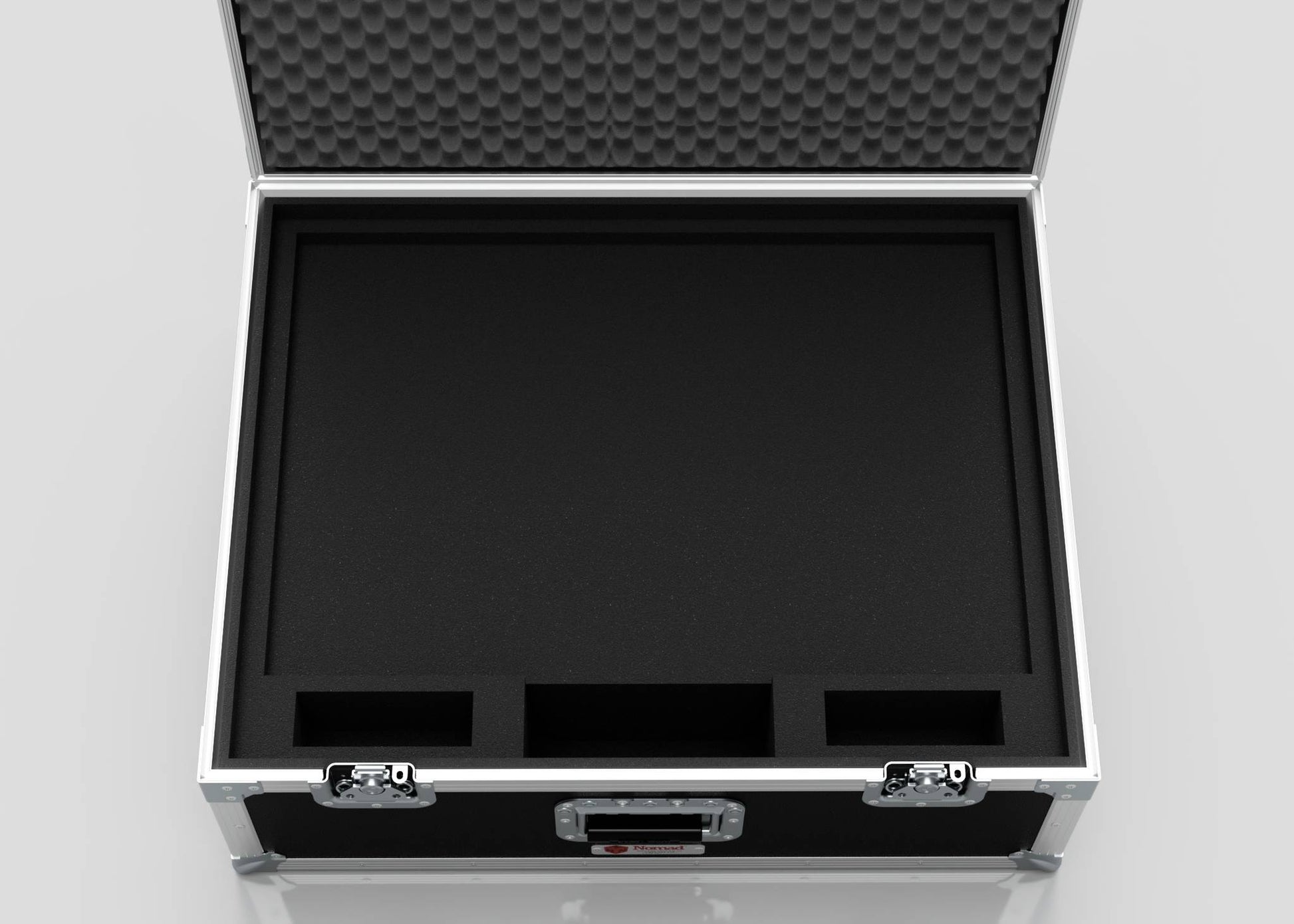 The 27" iMac Case is an open hard case with foam padding, compartments, silver latches, and a handle for secure equipment transport. Its external dimensions are 745 x 600 x 273 mm.