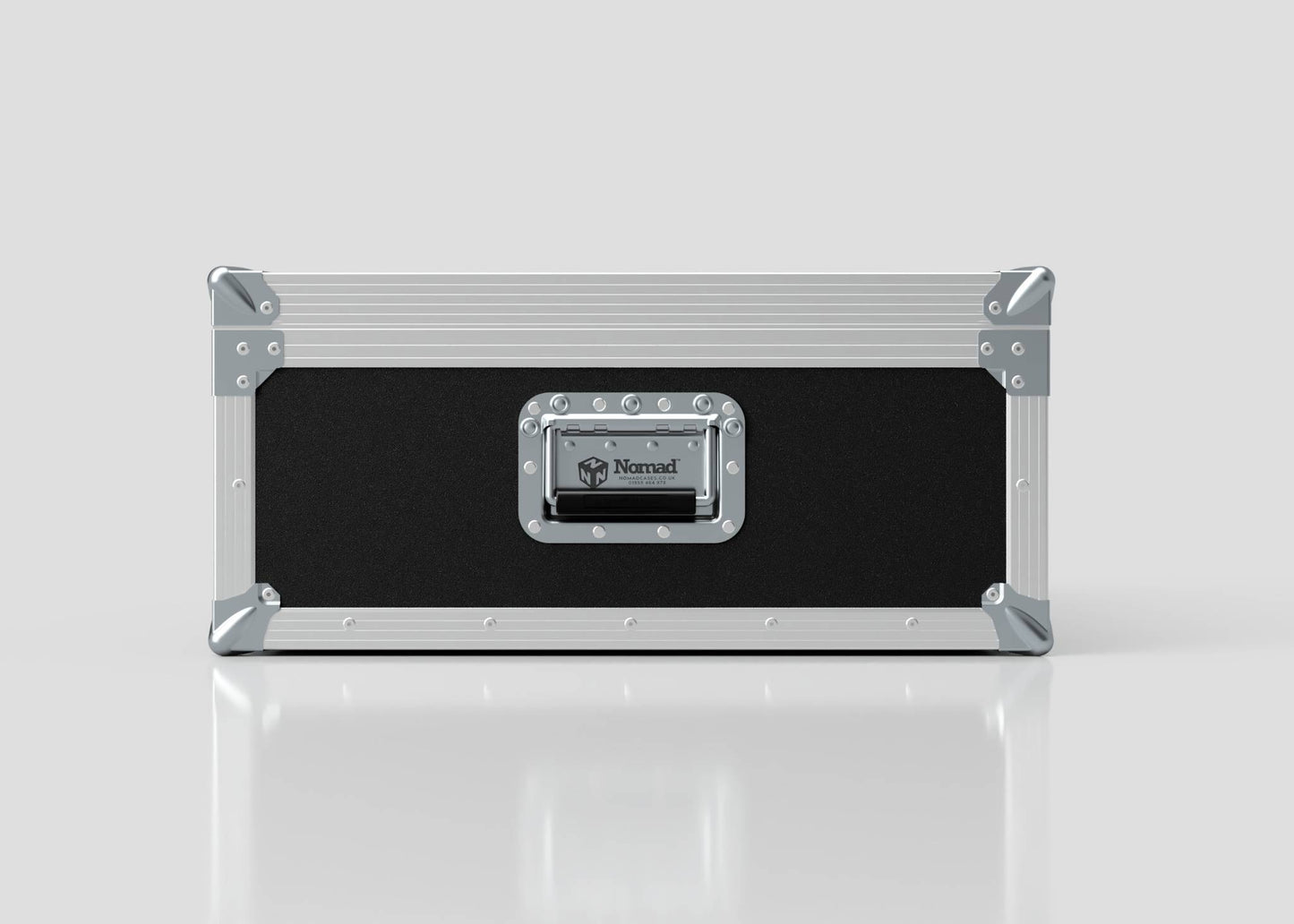 A black and silver 27" iMac Case with reinforced metal corners, a handle, and a Nomad nameplate on the front is shown against a plain light background. External dimensions: 745 x 600 x 273 mm.