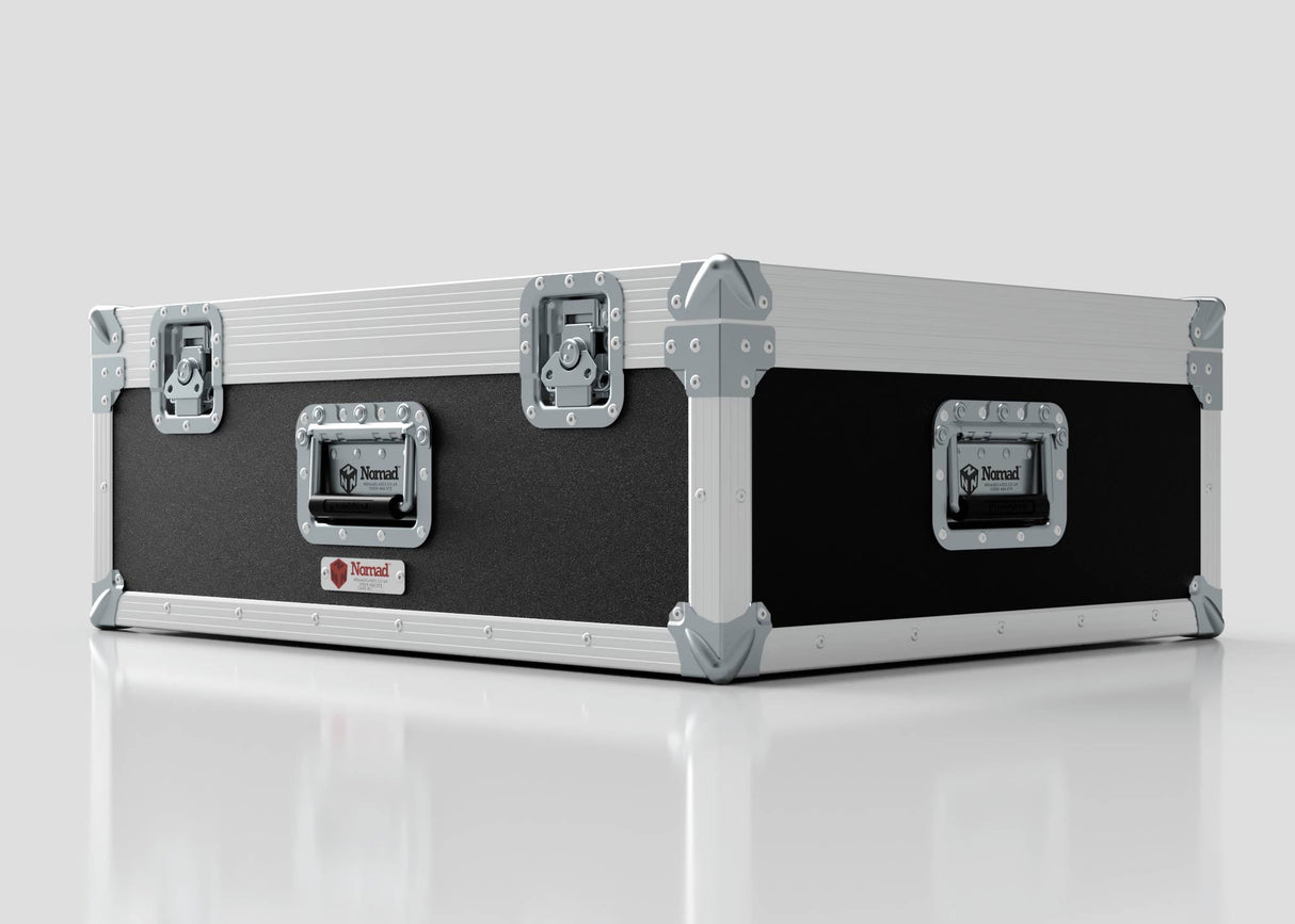 The 27" iMac Case, finished in black and silver with reinforced corners and metal latches, sits closed on a white reflective surface. Its external dimensions are 745 x 600 x 273 mm.