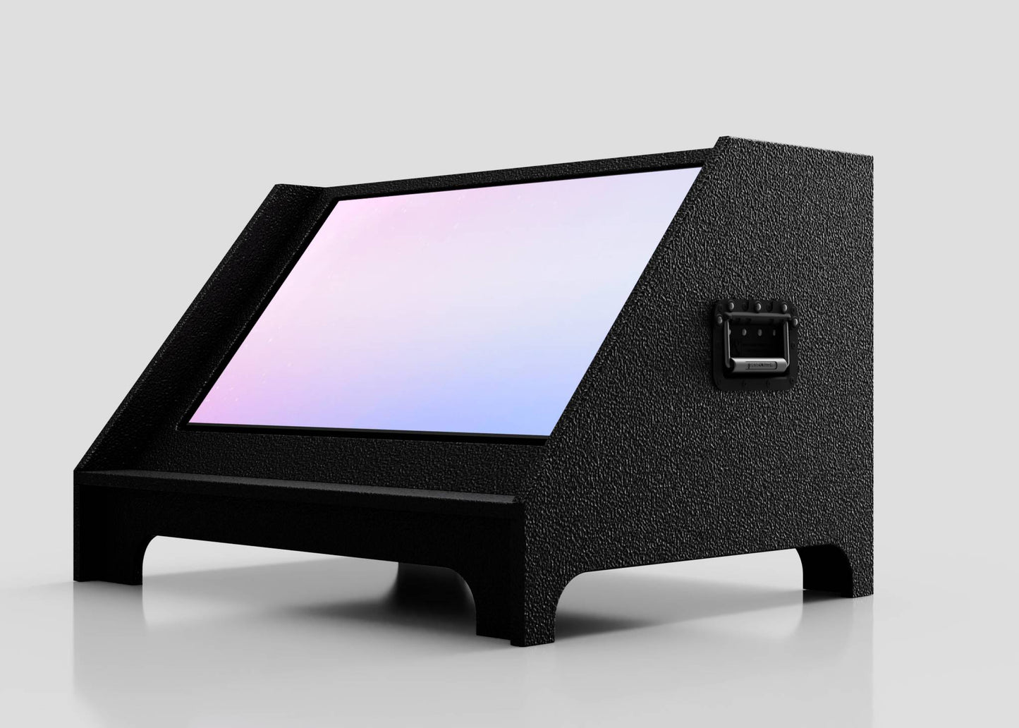 A black, textured 27" Screen Stage Confidence Monitor Wedge with a large angled touchscreen and side handle is shown (monitor not included) against a plain light background.