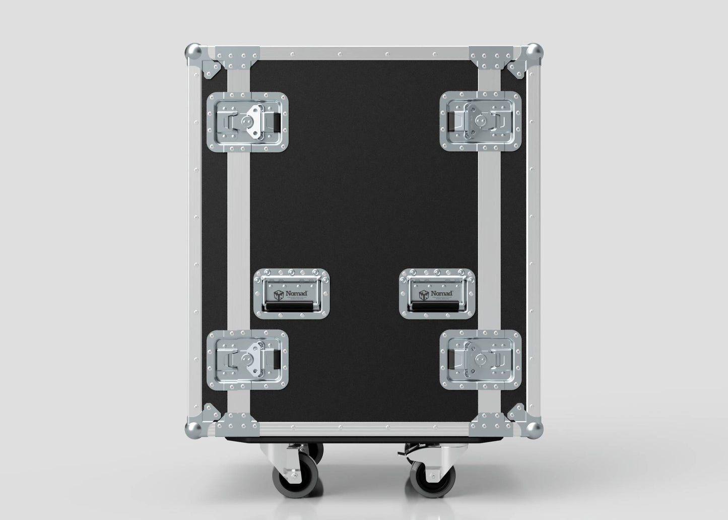 A 27U Foam Shock Mounted 19" Rack Case in black and silver, featuring metal reinforcements, handles, and four caster wheels, stands upright against a plain background.