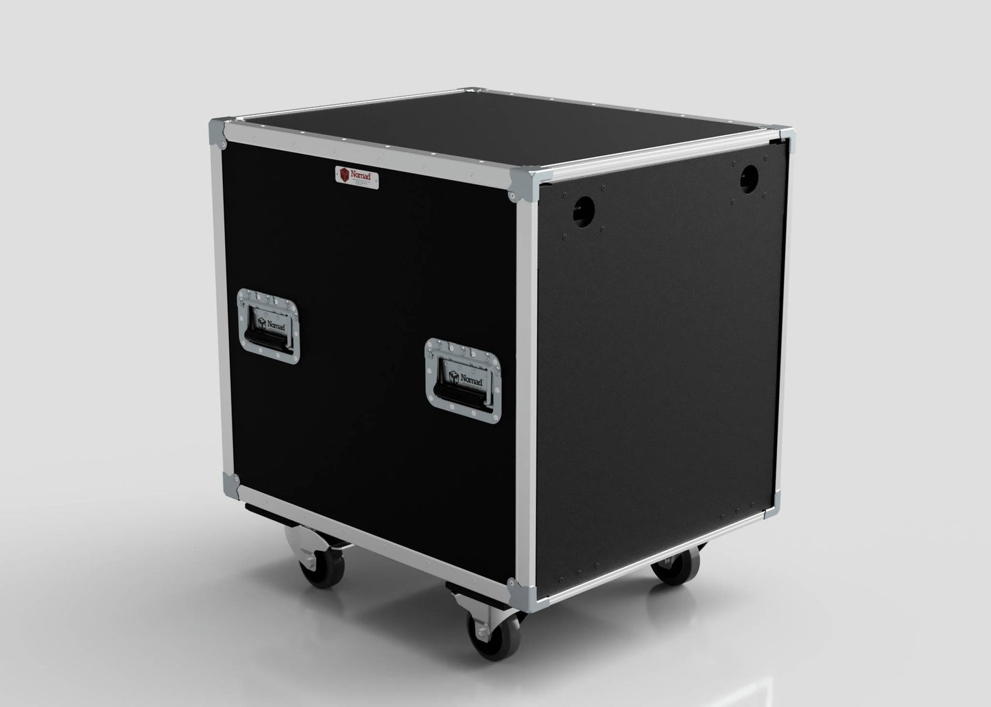 The 28U Shock Mount Slam Rack Case is a black, box-shaped rolling equipment case with metal edges, corner protectors, side handles, and four caster wheels, shown against a plain white background.
