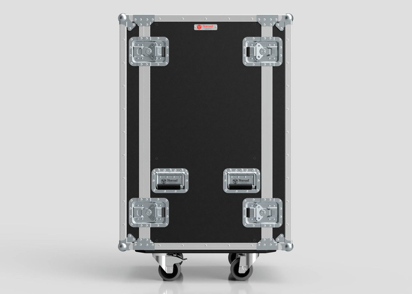 The 28U Standard Rack Case is a black, hard-shell equipment rack with metal reinforced corners, four sturdy latches, and two bottom wheels, standing upright against a plain background.