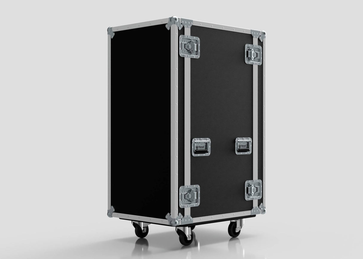 The 28U Suspended Shock Mounted Rack Case is a large black equipment case with metal edges, handles, four latches, and caster wheels. Inside, its suspended shock mounted racks offer enhanced protection for delicate gear.