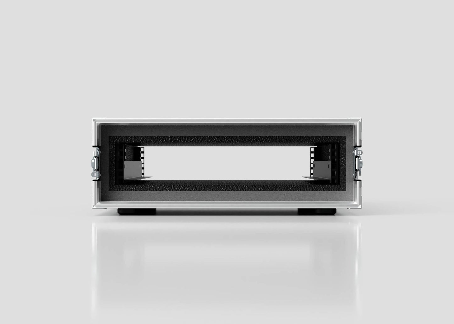 Front view of the 2U Foam Shock Mounted 19" Rack Case, empty with foam lining, sturdy rack strips, dual side latches, and a center rectangular opening against a plain background.