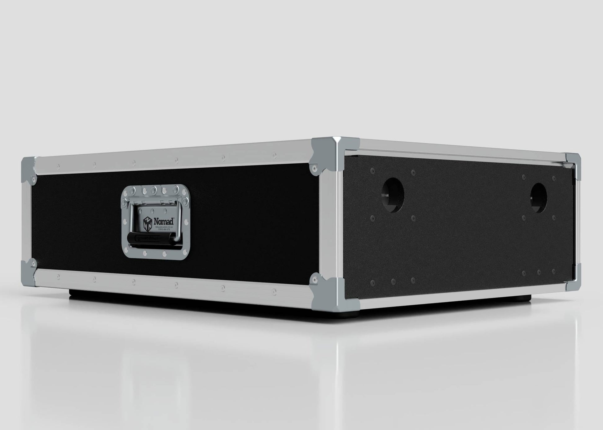 The 2U Shock Mount Slam Rack Case is a rectangular black and silver flight case with metal edges, a handle, and two circular side openings. External dimensions: 738 x 609 x 224 mm. Shown on a plain light background.