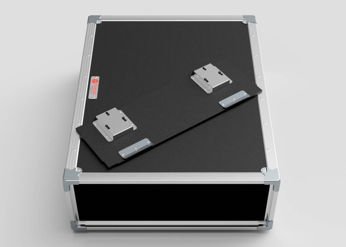The 2U Shock Mount Slam Rack Case is a black equipment case with metal edges and handles, featuring a detached panel with metal hinges on top; external dimensions: 738 x 609 x 224 mm.