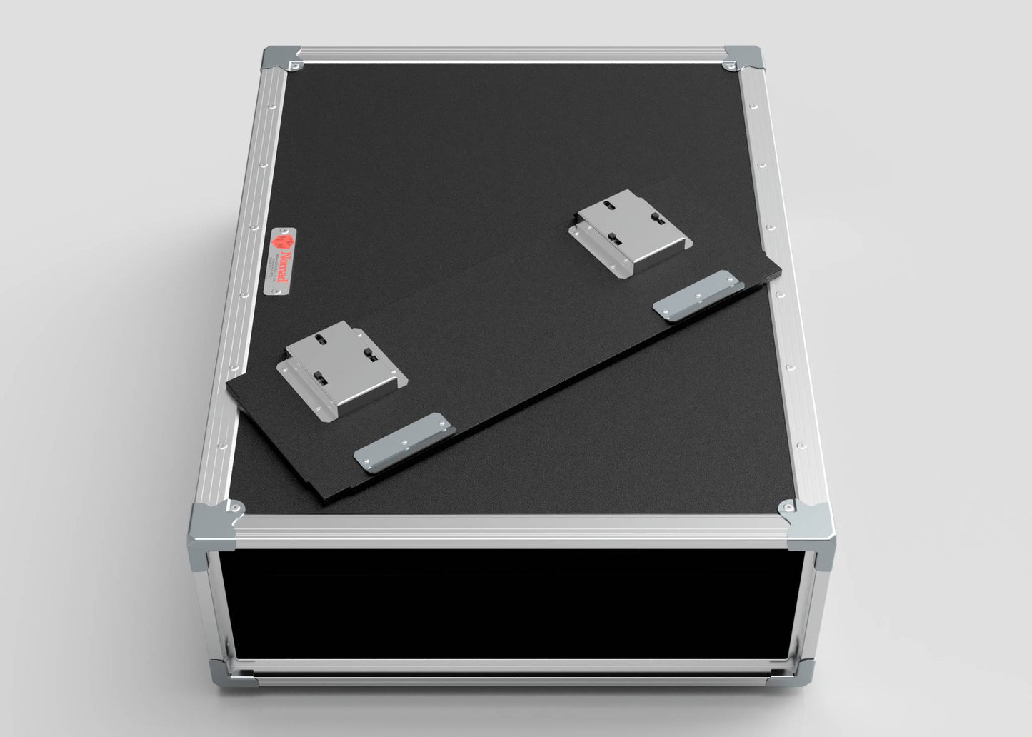 The 2U Shock Mount Slam Rack Case is a black equipment case with metal edges and handles, featuring a detached panel with metal hinges on top; external dimensions: 738 x 609 x 224 mm.