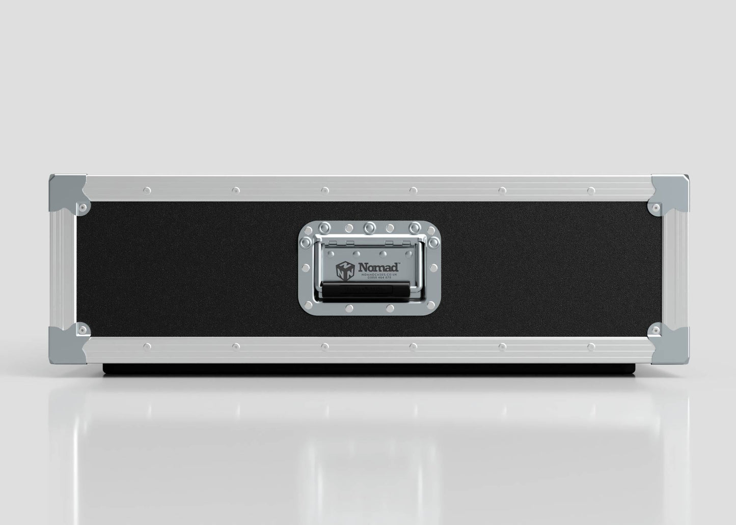 The 2U Shock Mount Slam Rack Case is a black and silver hard case with reinforced metal edges, a central handle, and a Nomad logo on a metal plate. Its external dimensions are 738 x 609 x 224 mm.