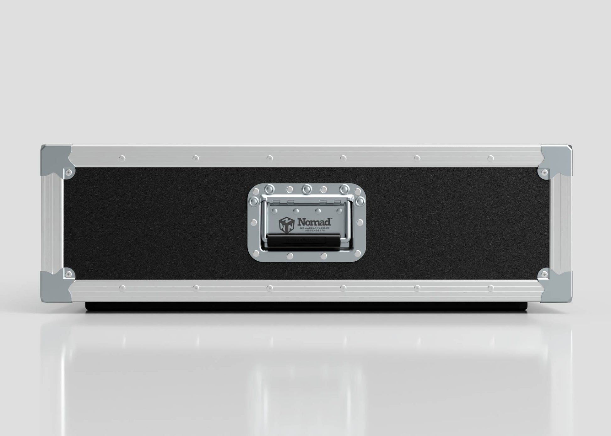 The 2U Shock Mount Slam Rack Case is a black and silver hard case with reinforced metal edges, a central handle, and a Nomad logo on a metal plate. Its external dimensions are 738 x 609 x 224 mm.