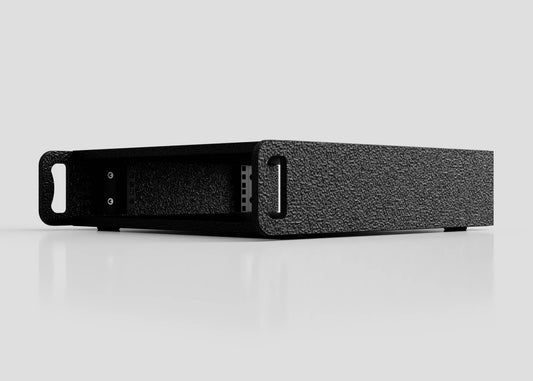 A black 2U Standard Rack Sleeve, rectangular with textured finish and front handles, external dimensions 514 x 545 x 123 mm, shown on a plain light gray background.