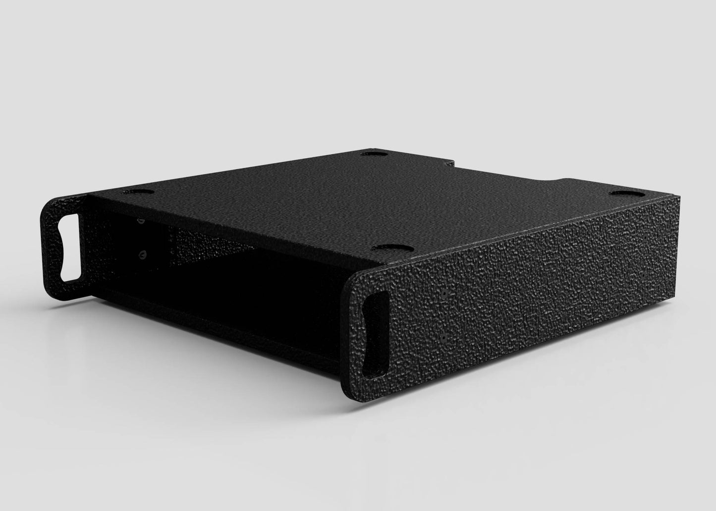 The 2U Standard Rack Sleeve is a black, rectangular metal enclosure with a textured surface, side ventilation slots, and open front and back panels. It measures 514 x 545 x 123 mm and is shown on a plain light background.