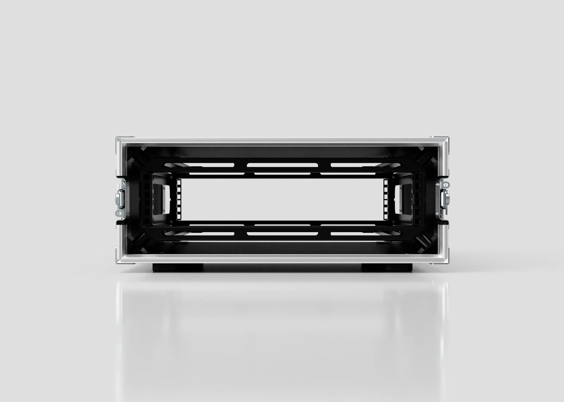 Front view of an empty 2U Suspended Shock Mounted Rack Case with an open center and mounting rails, set against a plain light background.