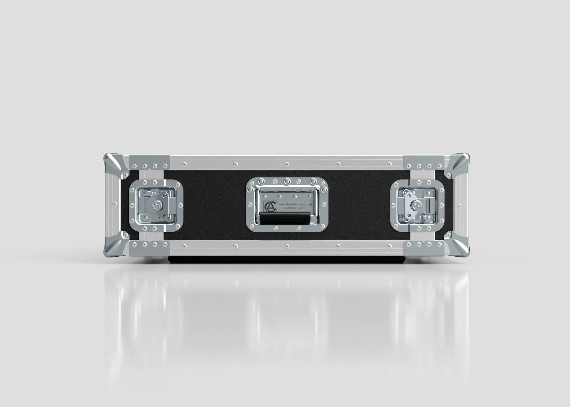 The 2U Suspended Shock Mounted Rack Case, shown closed, features black and silver metal reinforcements and latches, designed as an anti-vibration hard case, displayed against a plain light gray background.