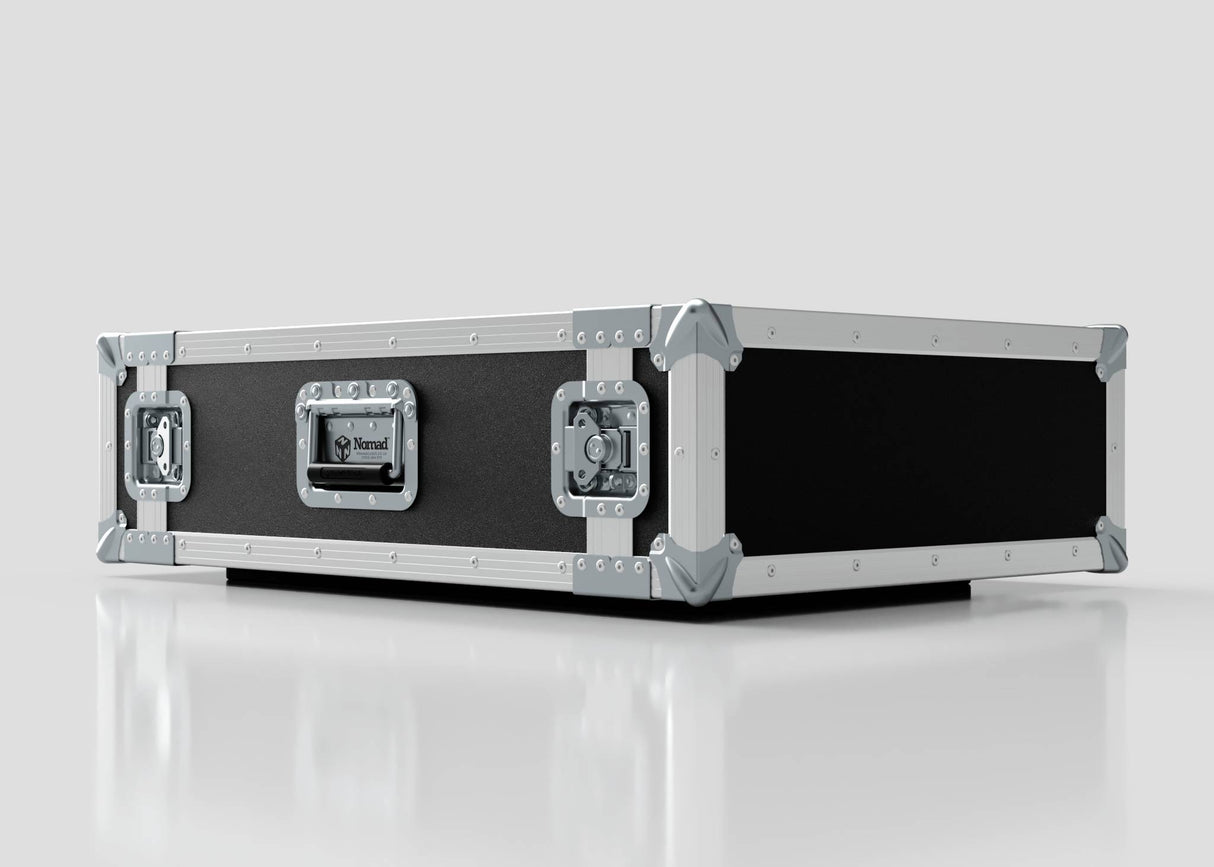 The 2U Suspended Shock Mounted Rack Case, a large rectangular black and silver case with metal-reinforced corners and latches, sits on a reflective white surface and provides superior protection with its shock mounted rack.