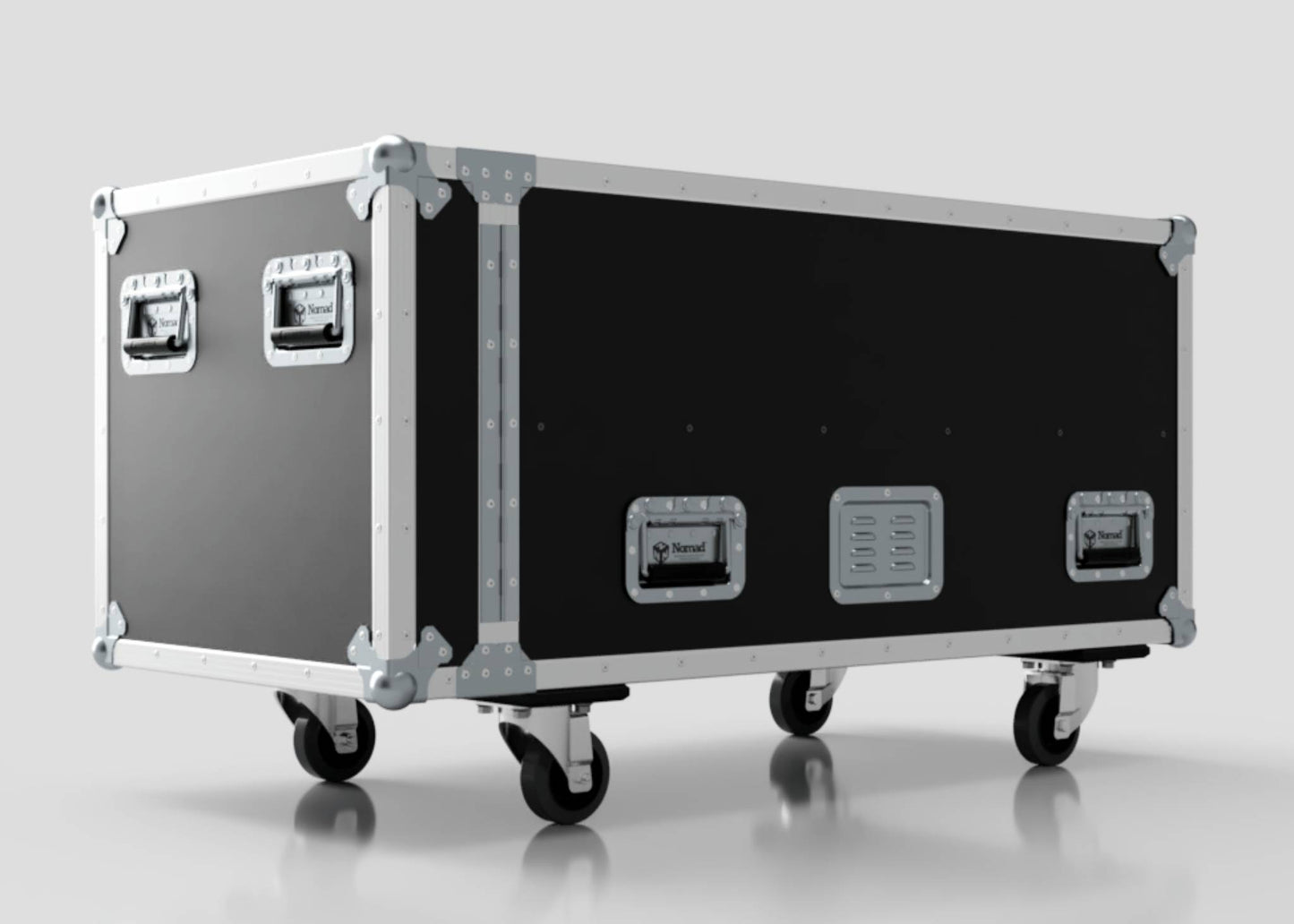The 3 Way COLORado PXL Curve 12 Case, a large black equipment case with metal edges and handles, measures 1220 x 600 x 661 mm, features four caster wheels, and is shown against a plain light background.