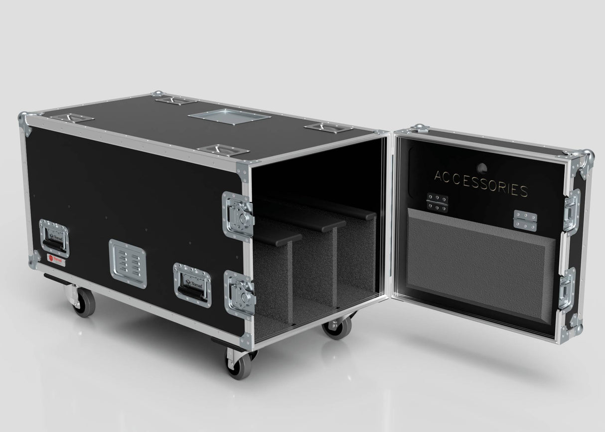 The 3 Way COLORado PXL Curve 12 Case is a black rolling equipment case with metal edges, open to reveal foam dividers and accessory compartments inside the door. Its external dimensions are 1220 x 600 x 661 mm.