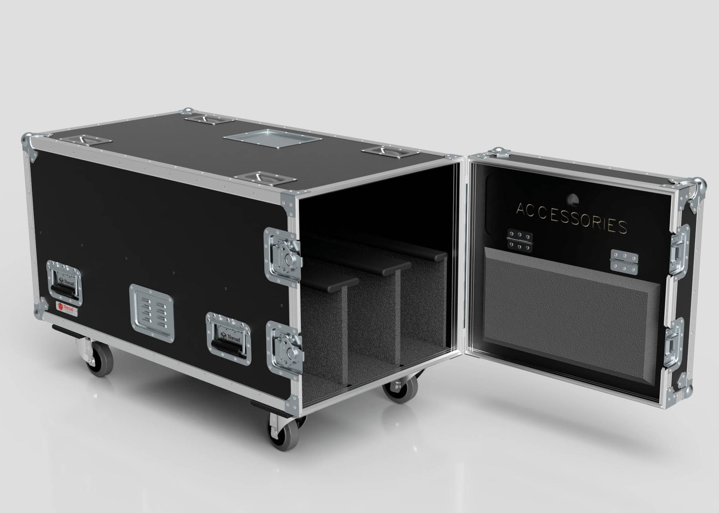 The 3 Way COLORado PXL Curve 12 Case is a black rolling equipment case with metal edges, open to reveal foam dividers and accessory compartments inside the door. Its external dimensions are 1220 x 600 x 661 mm.