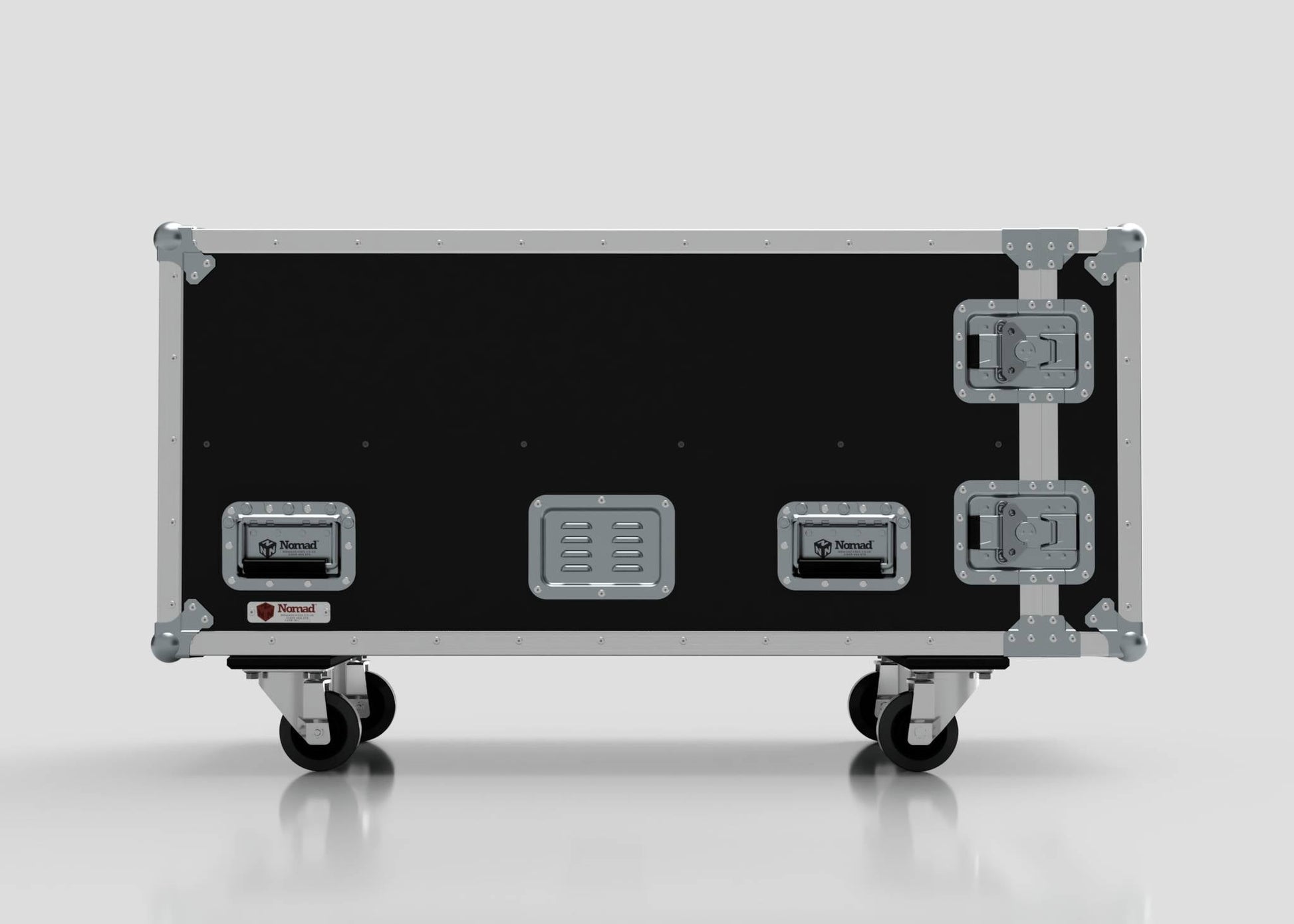 A large black 3 Way COLORado PXL Curve 12 Case with metal corners, handles, and latches rests on four caster wheels against a plain background. Its external dimensions are 1220 x 600 x 661 mm.