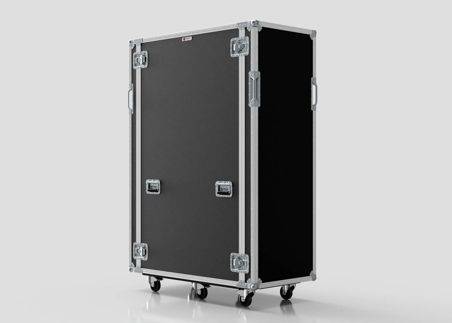 A large black 36U x 1032mm Suspended Shock Mounted Data Server Rack with metal edges, handles, and four caster wheels stands upright on a light gray background, with external dimensions of 1067 x 650 x 1732 mm.